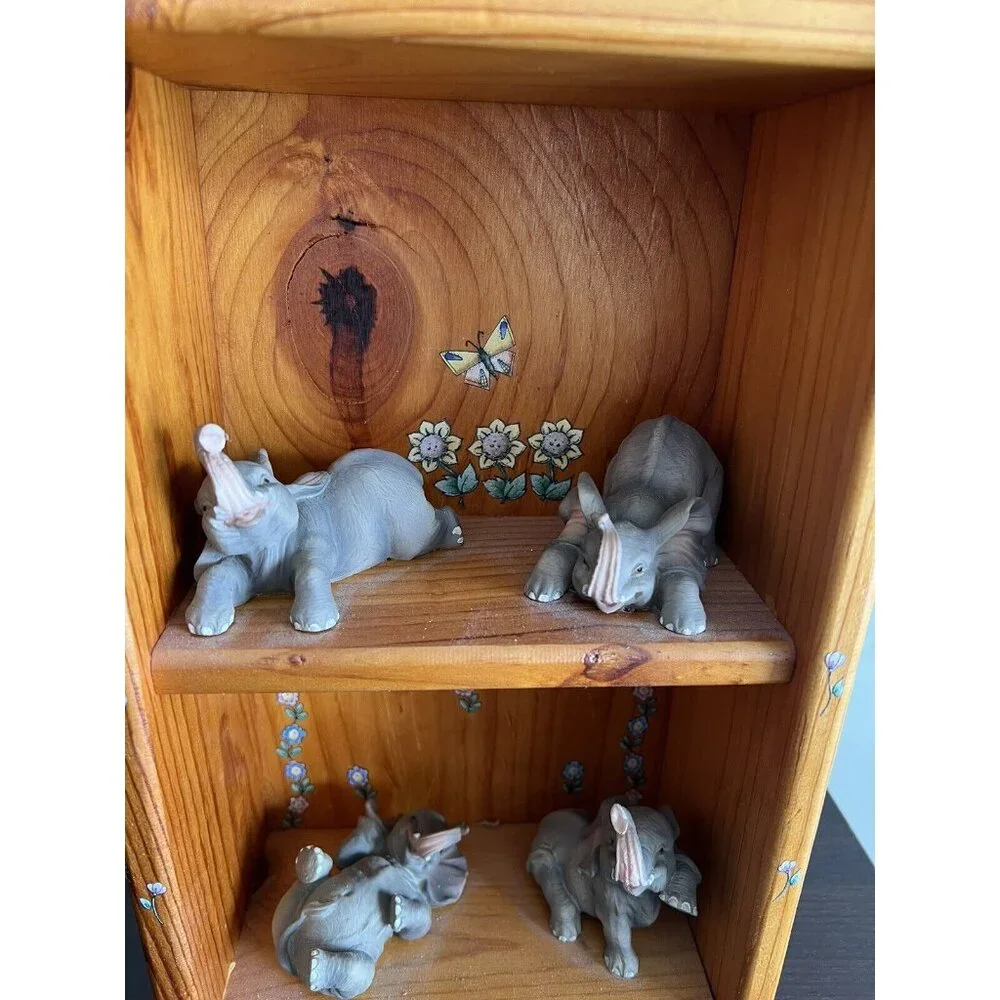 Vintage Elephant Handmade Painted Flowers Wood Shelf Three Tiers 18.5” Tall Fig